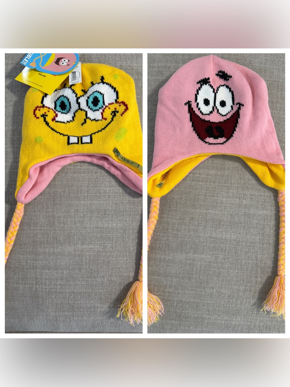 Nickelodeon SpongeBob & Patrick Reversible Knit Earflap Hat Beanie Tassels NWT